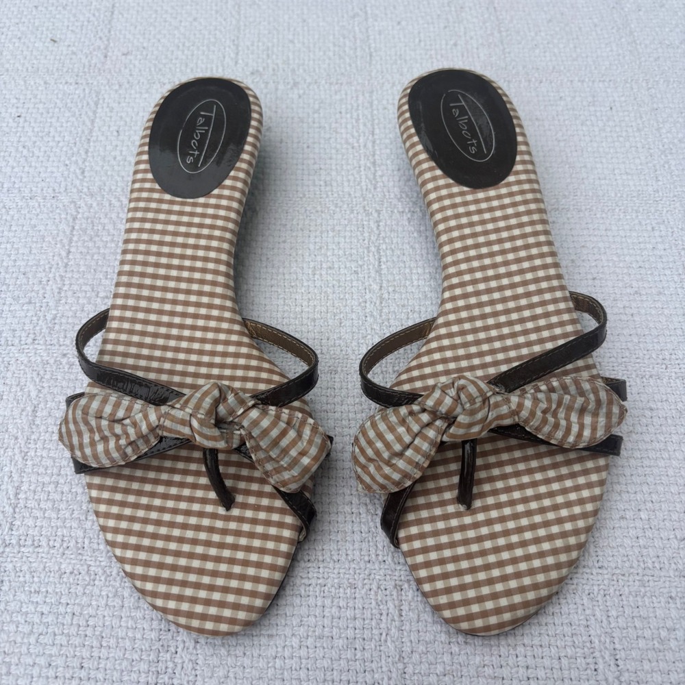 Women's 7.5 B TALBOTS Y2K Brown Gingham Bow Flat Kitten Heel Thong Slide Sandals